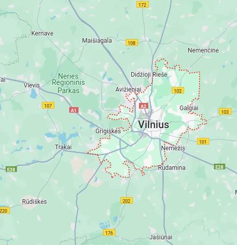 Vilniaus žemėlapis su 50km spinduliu